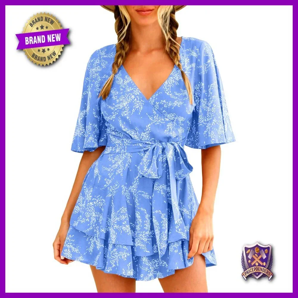 Summer Floral Romper with Ruffle Hem, V-Neck, Adjustable Waist Tie